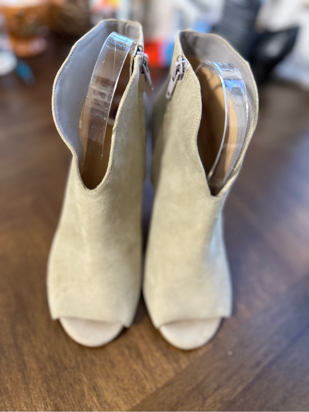 Michael Kors Suede Peep-Toe Ankle Boots in Olive